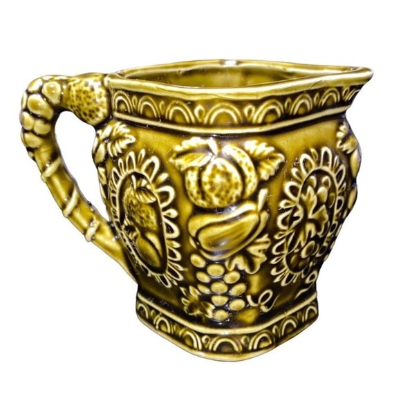 Vintage Embossed Ceramic Japan Pitcher With Fruit Motif & Bamboo Handle Olive Gr - Picture 3 of 6